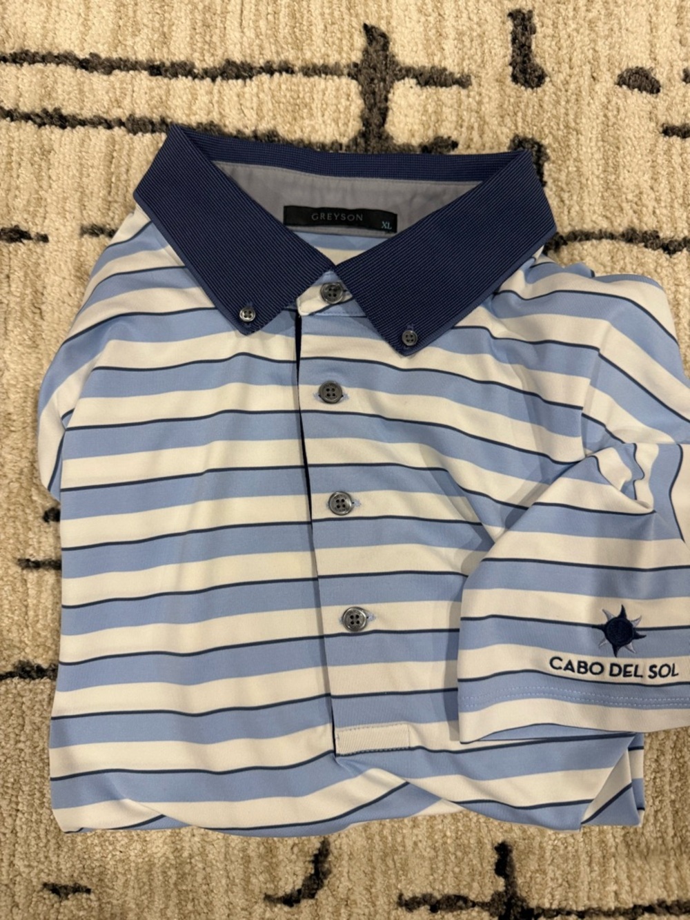 Greyson Light Blue & White Striped Polo with Navy Contrast Collar